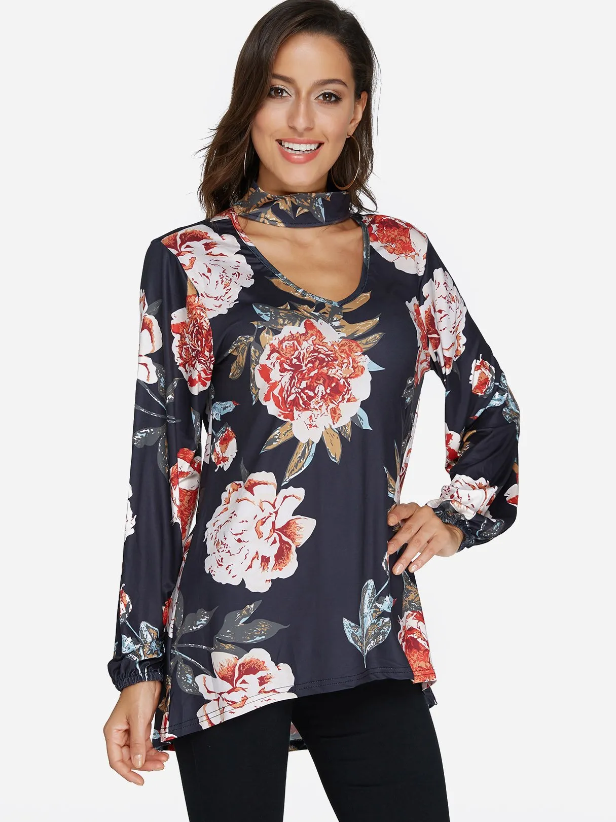 Custom Perkins Collar Floral Print Cut Out Long Sleeve Curved Hem Blouses