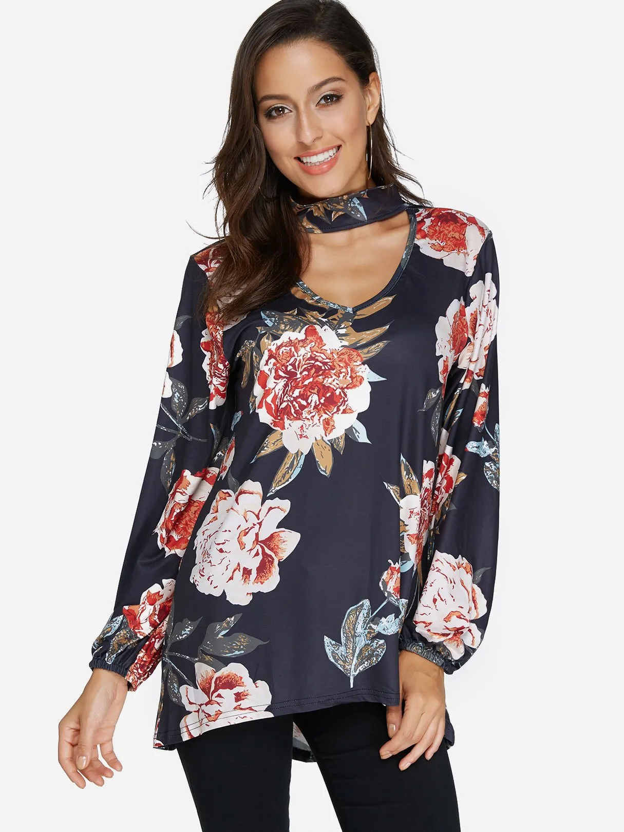 Custom Perkins Collar Floral Print Cut Out Long Sleeve Curved Hem Blouses