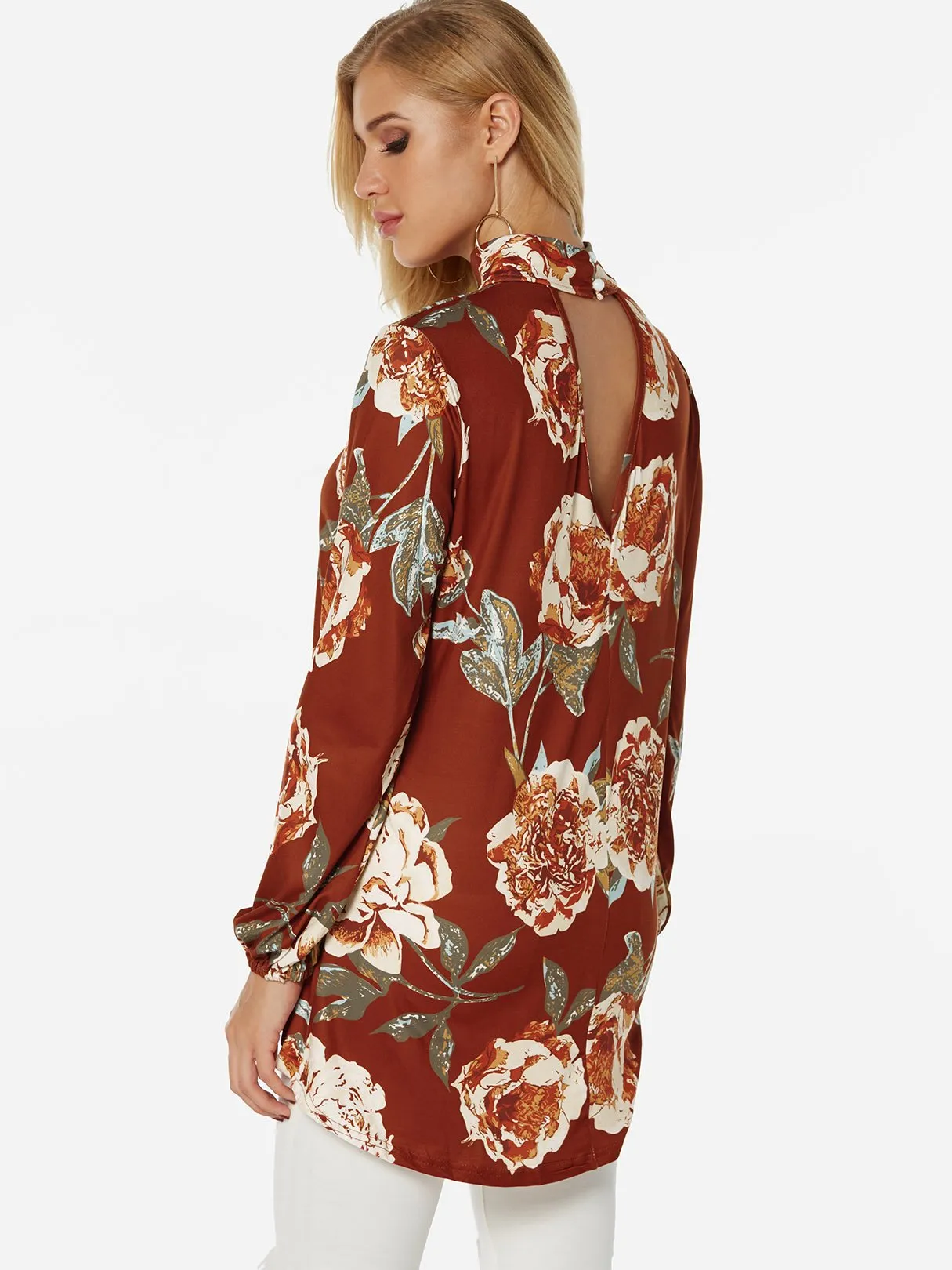 Custom Perkins Collar Floral Print Cut Out Long Sleeve Curved Hem Blouses