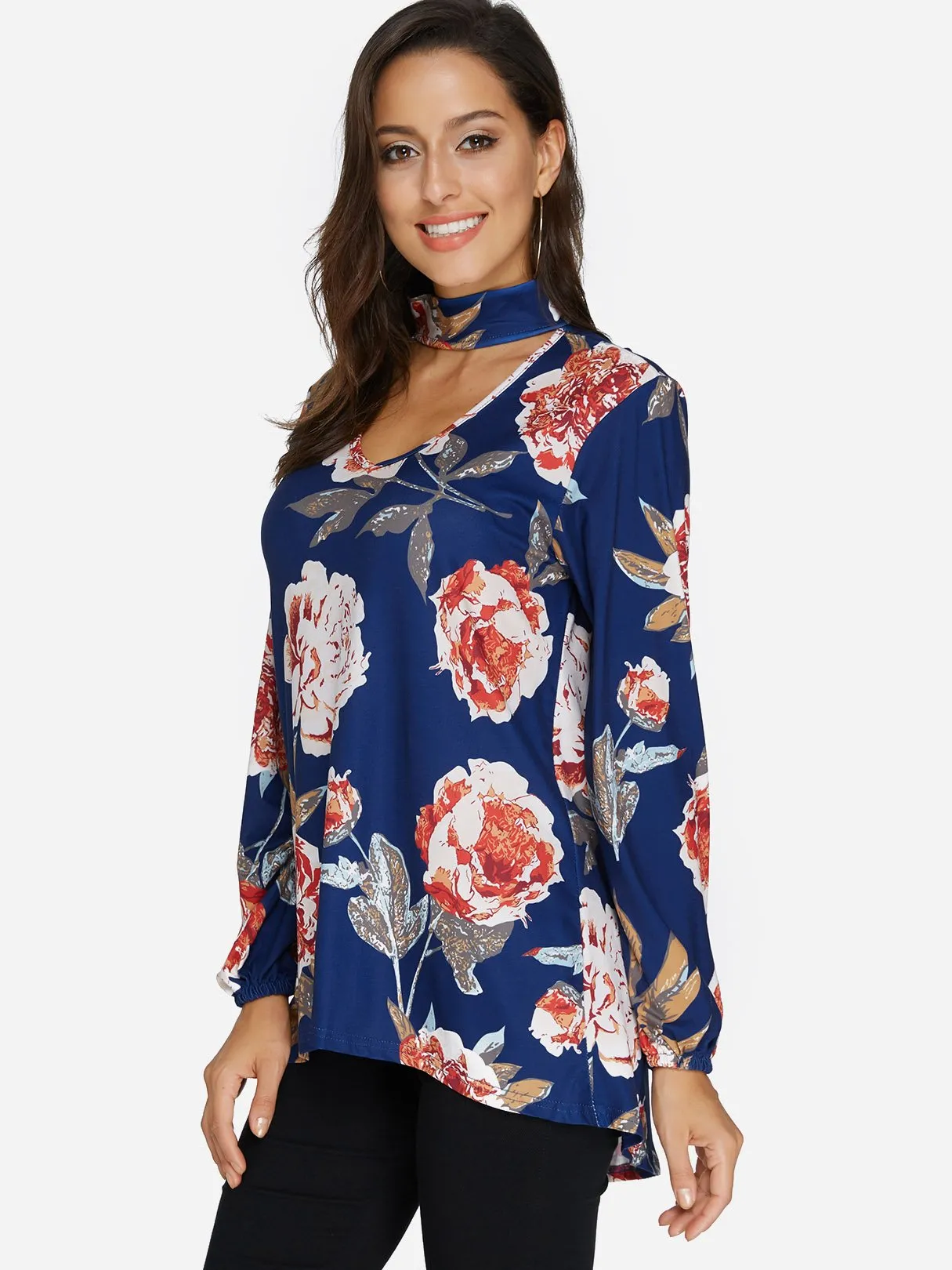 Custom Perkins Collar Floral Print Cut Out Long Sleeve Curved Hem Blouses
