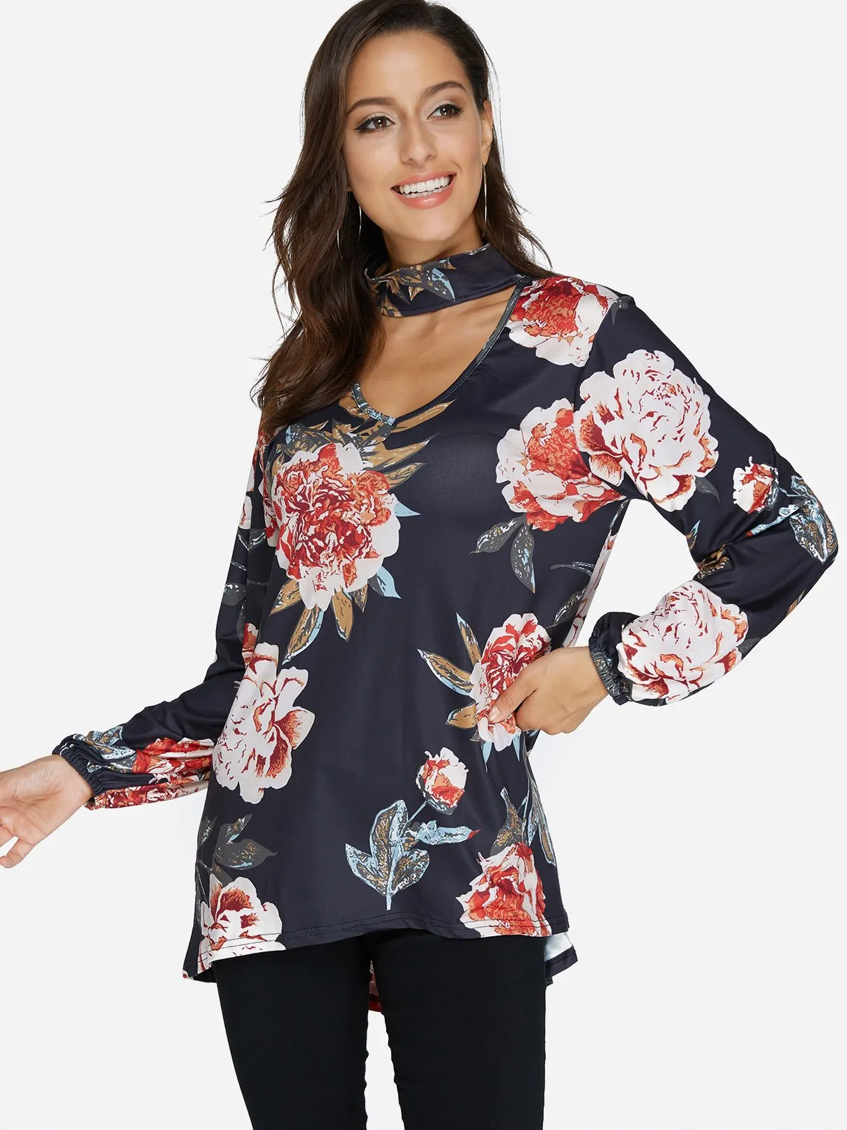 Custom Perkins Collar Floral Print Cut Out Long Sleeve Curved Hem Blouses