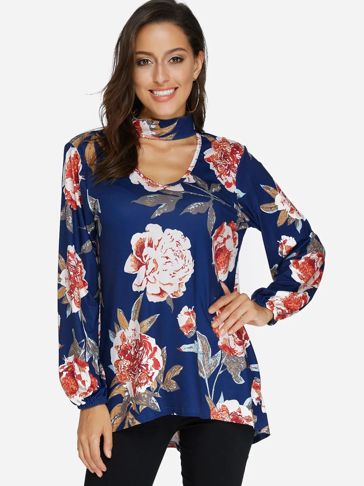 Custom Perkins Collar Floral Print Cut Out Long Sleeve Curved Hem Blouses