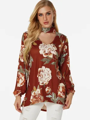 Custom Perkins Collar Floral Print Cut Out Long Sleeve Curved Hem Blouses