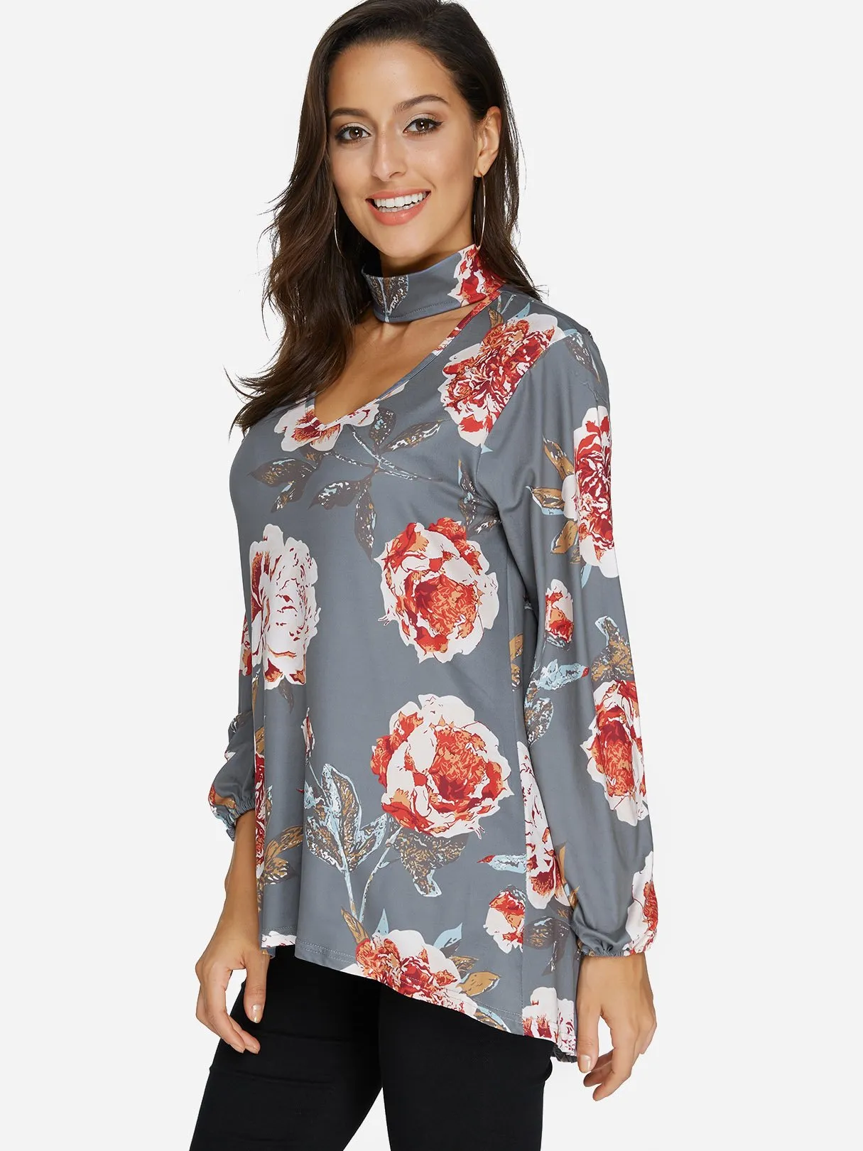 Custom Perkins Collar Floral Print Cut Out Long Sleeve Curved Hem Blouses