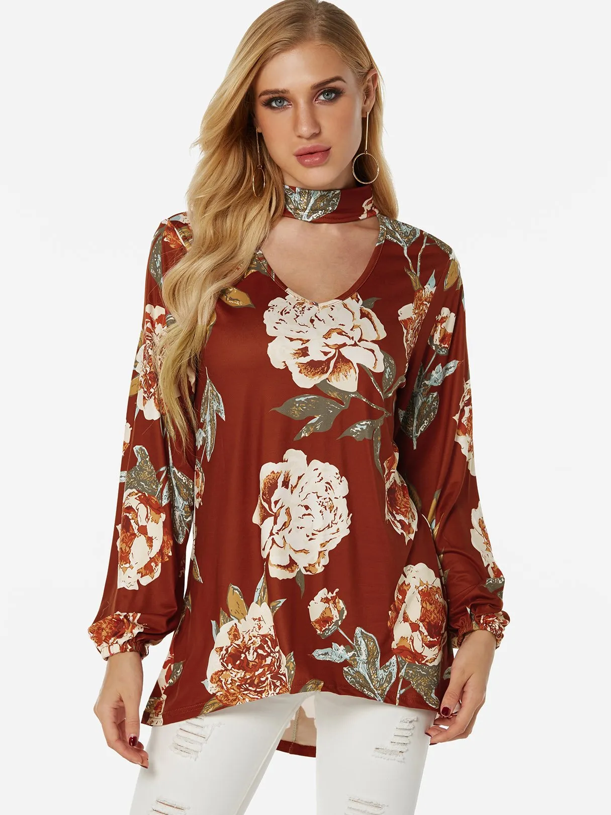 Custom Perkins Collar Floral Print Cut Out Long Sleeve Curved Hem Blouses