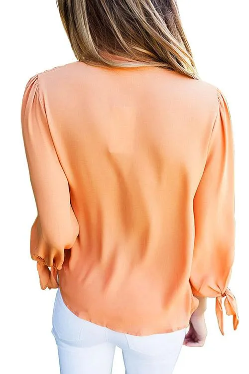 Custom V-Neck Plain 3/4 Sleeve Irregular Hem Orange Blouses