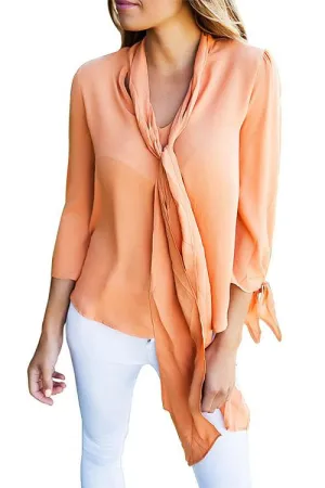 Custom V-Neck Plain 3/4 Sleeve Irregular Hem Orange Blouses