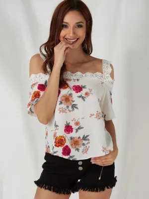 Custom White Cold Shoulder Floral Print Lace Short Sleeve Top