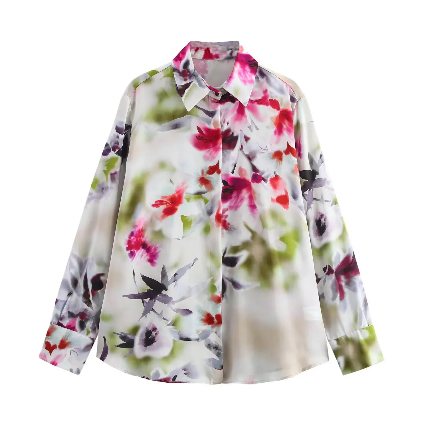 Fiorella Elegant Floral Satin Blouse  Timeless Button-Up Long-Sleeve Blouse