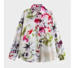 Fiorella Elegant Floral Satin Blouse  Timeless Button-Up Long-Sleeve Blouse