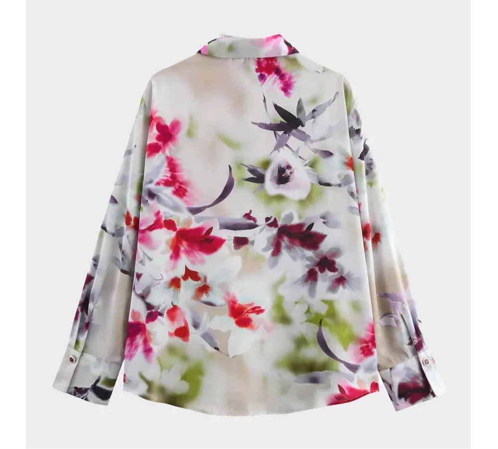 Fiorella Elegant Floral Satin Blouse  Timeless Button-Up Long-Sleeve Blouse