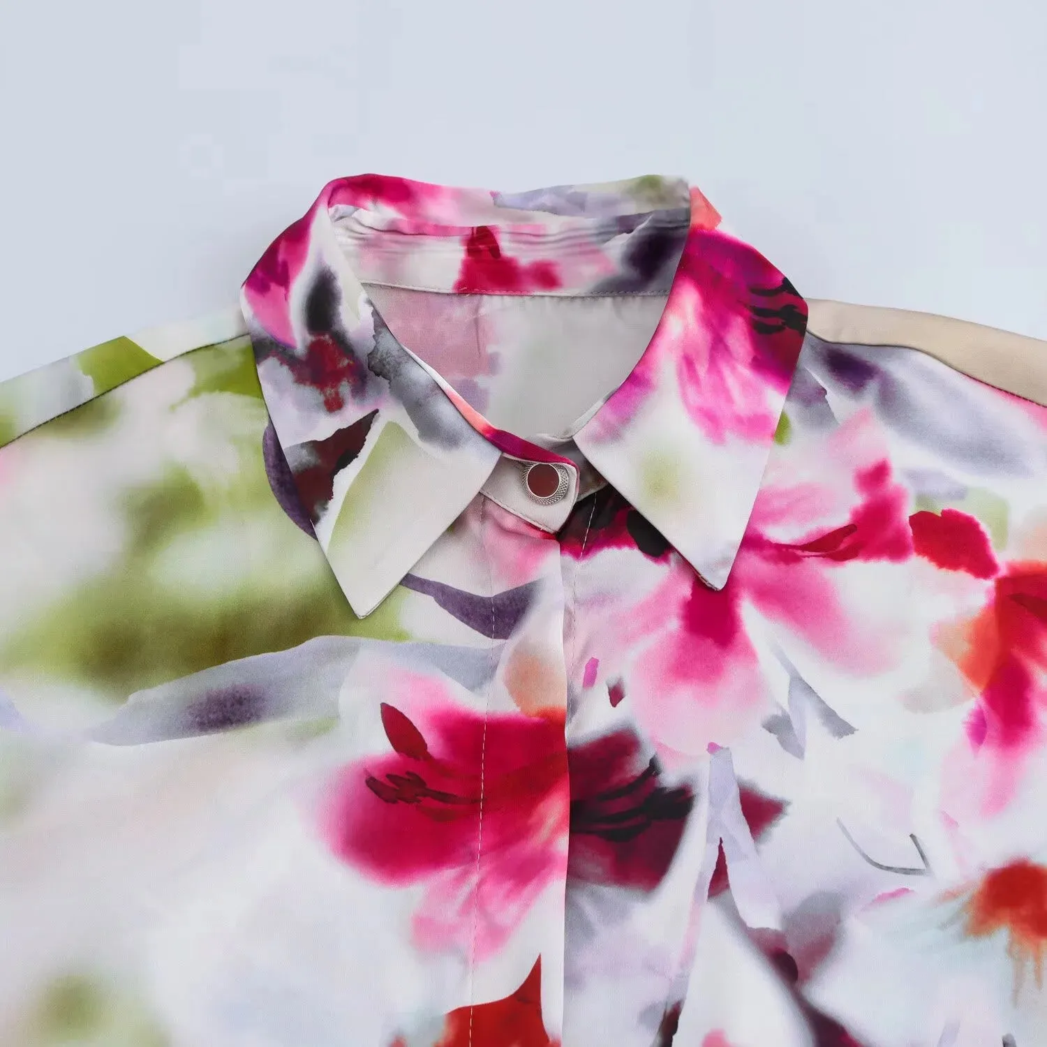 Fiorella Elegant Floral Satin Blouse  Timeless Button-Up Long-Sleeve Blouse