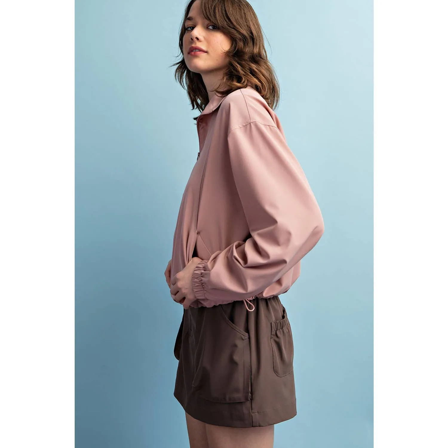 HEAVY POLY STRETCH WOVEN QUARTER ZIP TOP WITH COLLAR: Dusty Pink