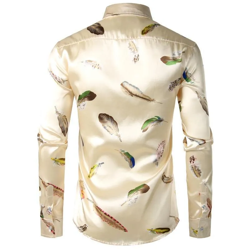 Hetfield Feather Print Silk Shirt For Men