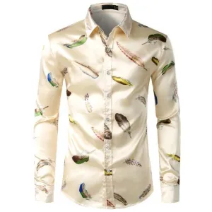 Hetfield Feather Print Silk Shirt For Men