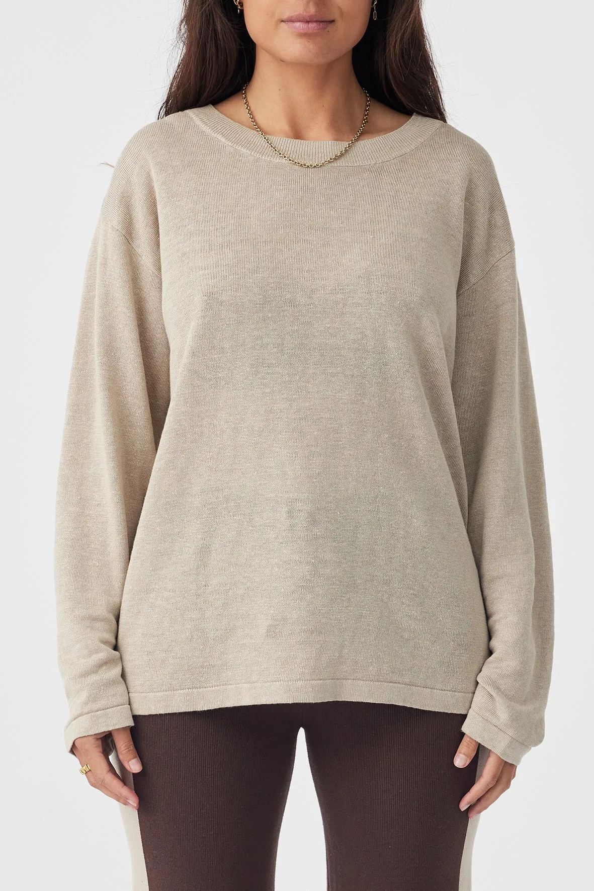 Hugo Linen Knit Long Sleeve T-Shirt - Taupe