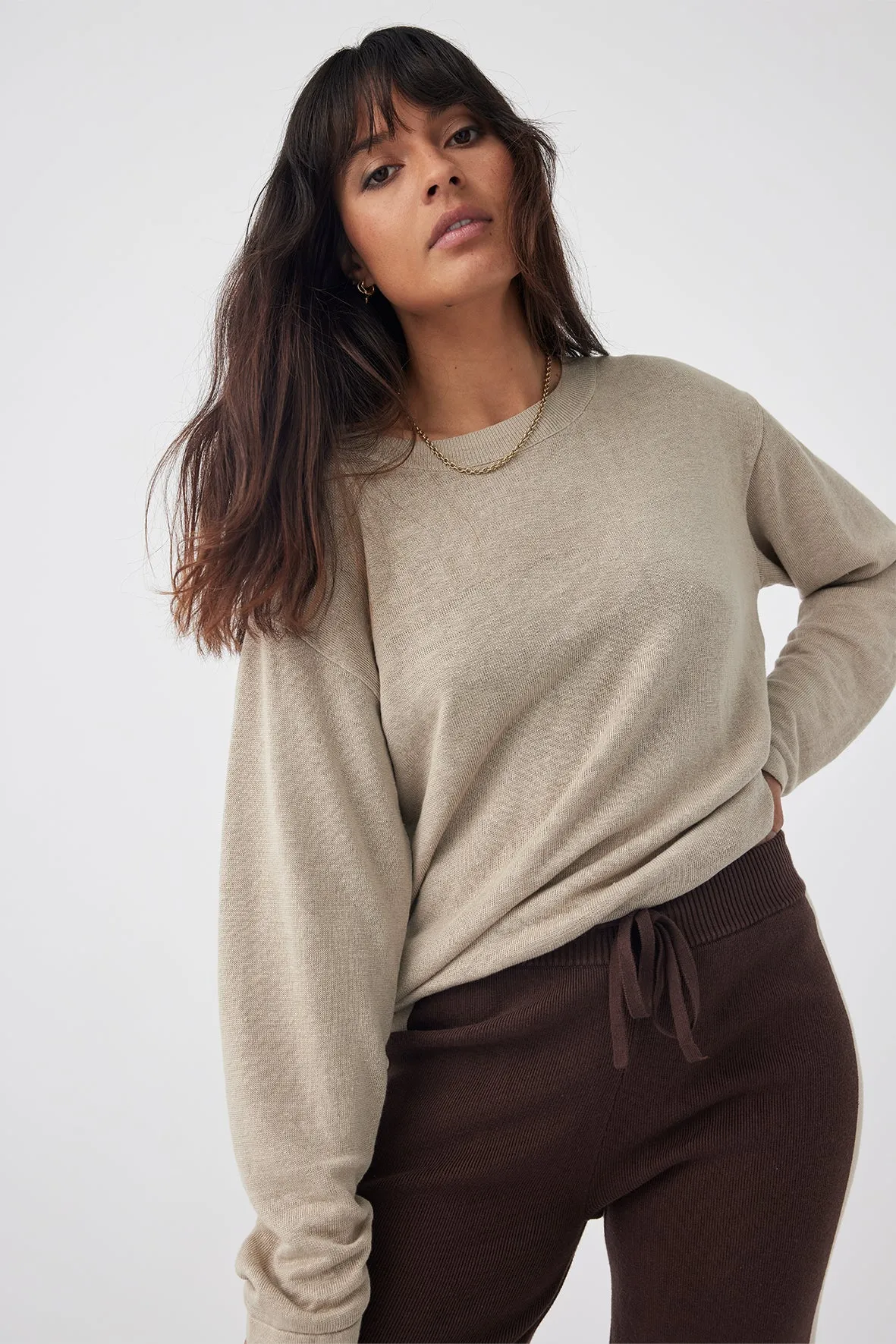 Hugo Linen Knit Long Sleeve T-Shirt - Taupe