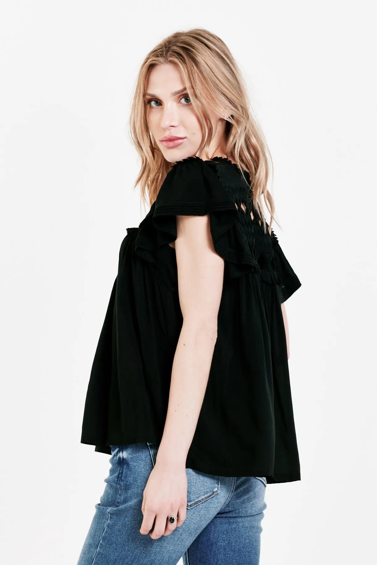 KEZIA KNOTTED EMBROIDERY TOP BLACK