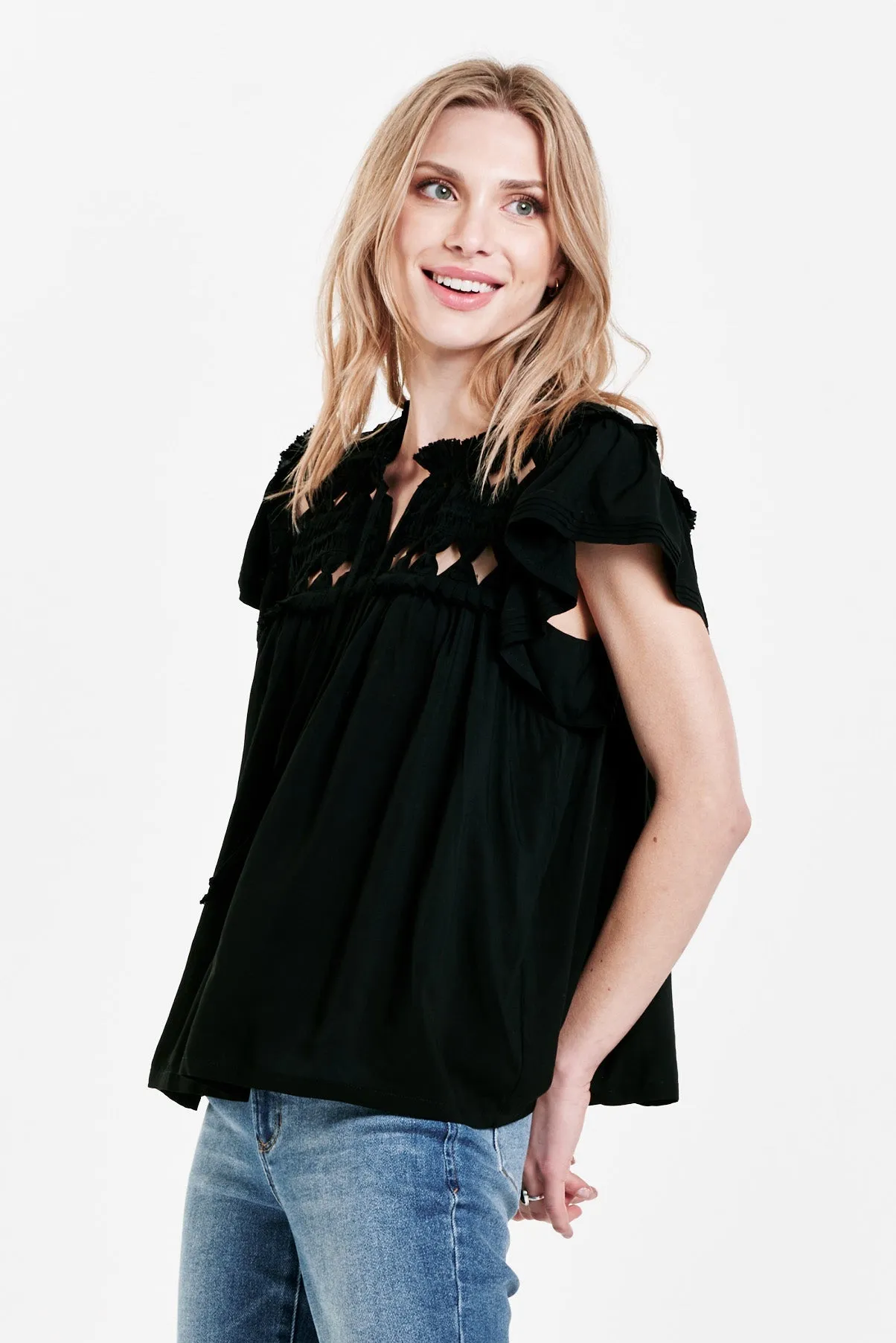 KEZIA KNOTTED EMBROIDERY TOP BLACK