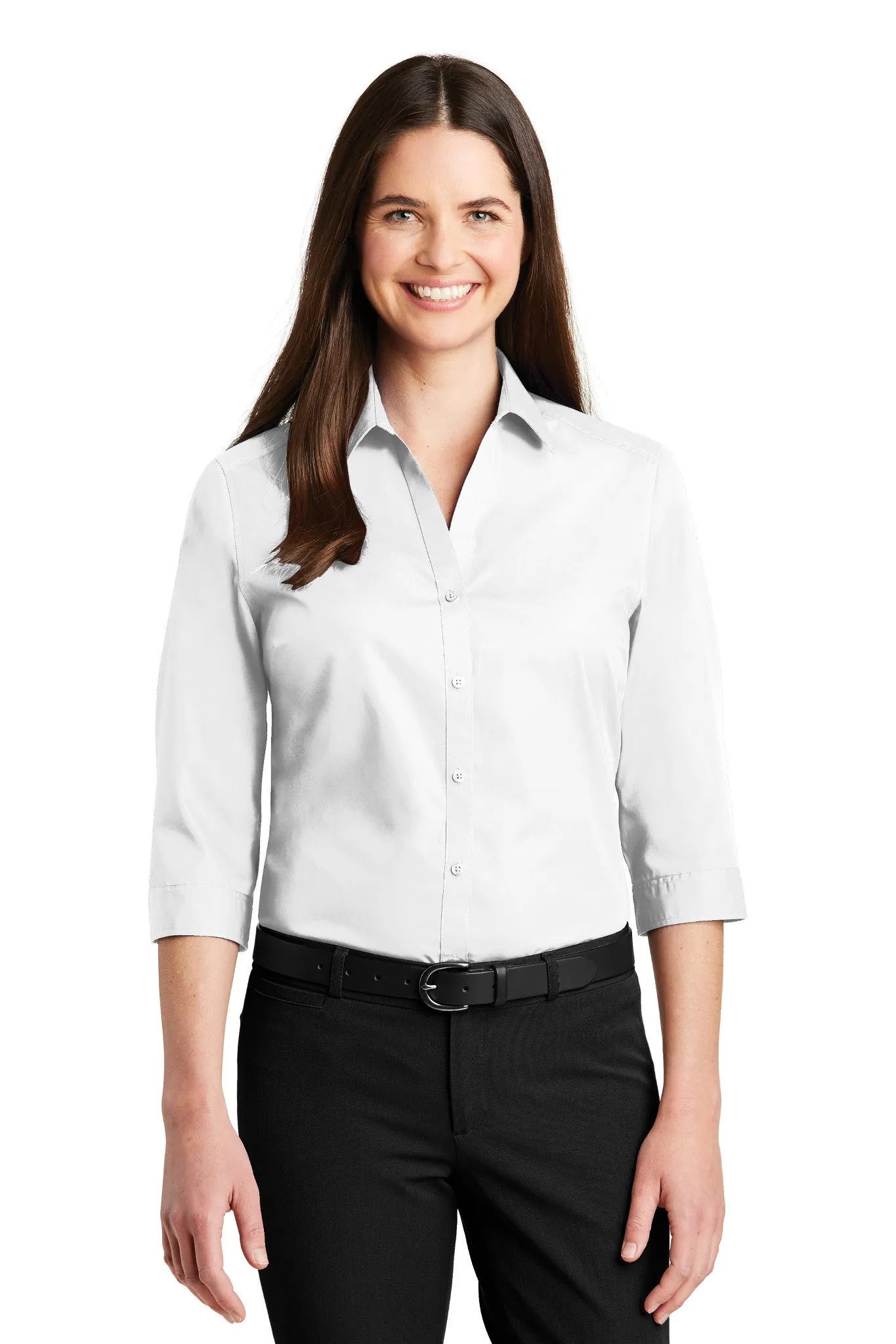 Ladies Carefree Poplin Shirt 3/4 Sleeve - White