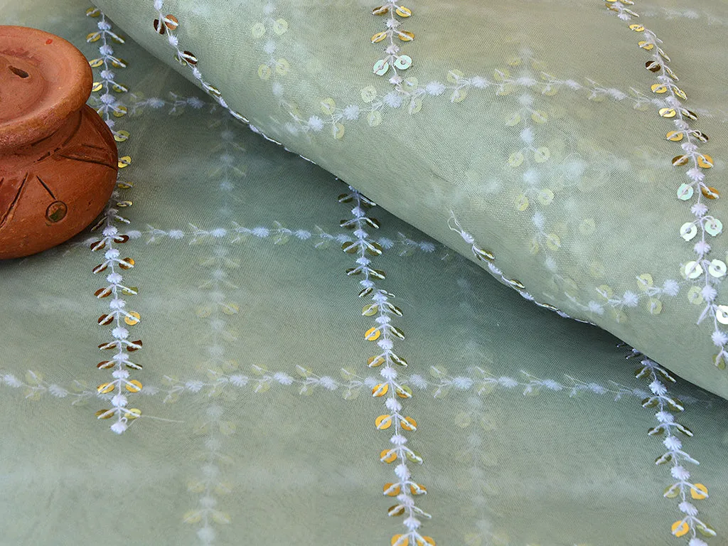 Light Mint Green Checks Tissue Organza Sequins Geometric Embroidered Fabric