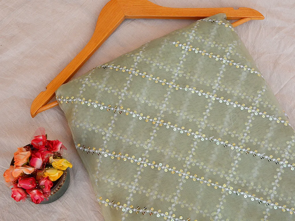 Light Mint Green Checks Tissue Organza Sequins Geometric Embroidered Fabric