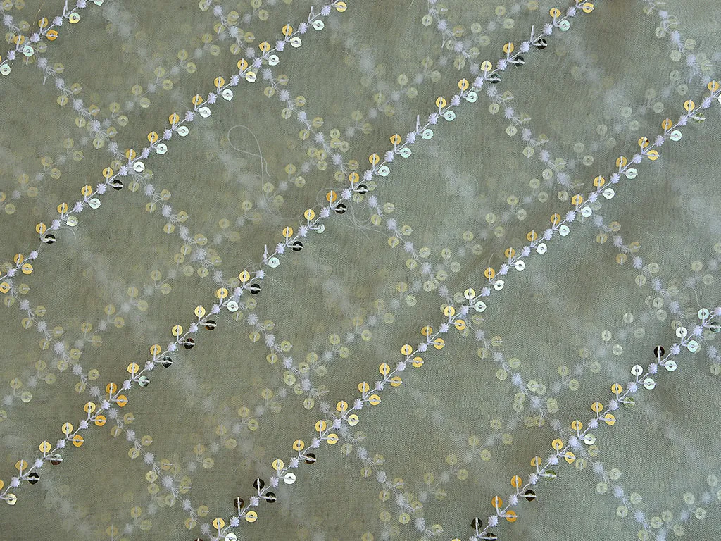 Light Mint Green Checks Tissue Organza Sequins Geometric Embroidered Fabric