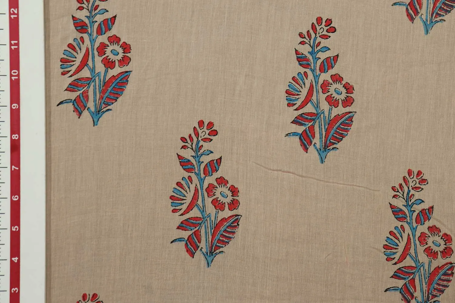 Light Peach Motifs Block Printed Cotton Fabric