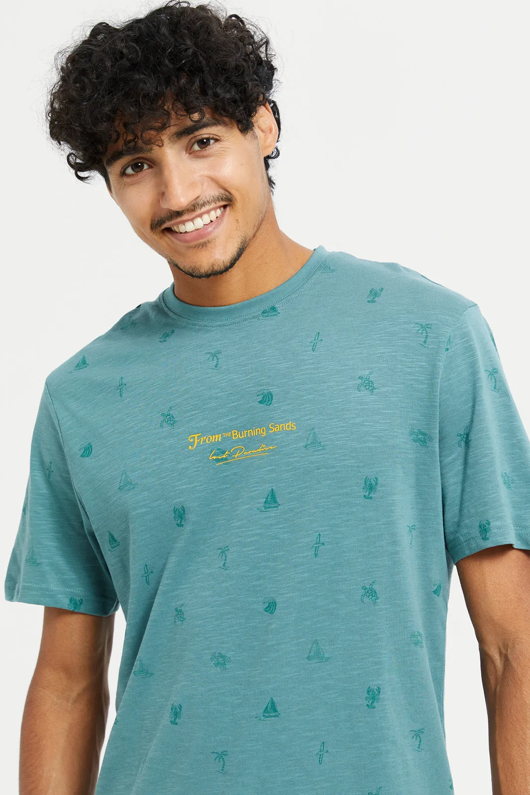 Men Green Printed Round Neck T-Shirt