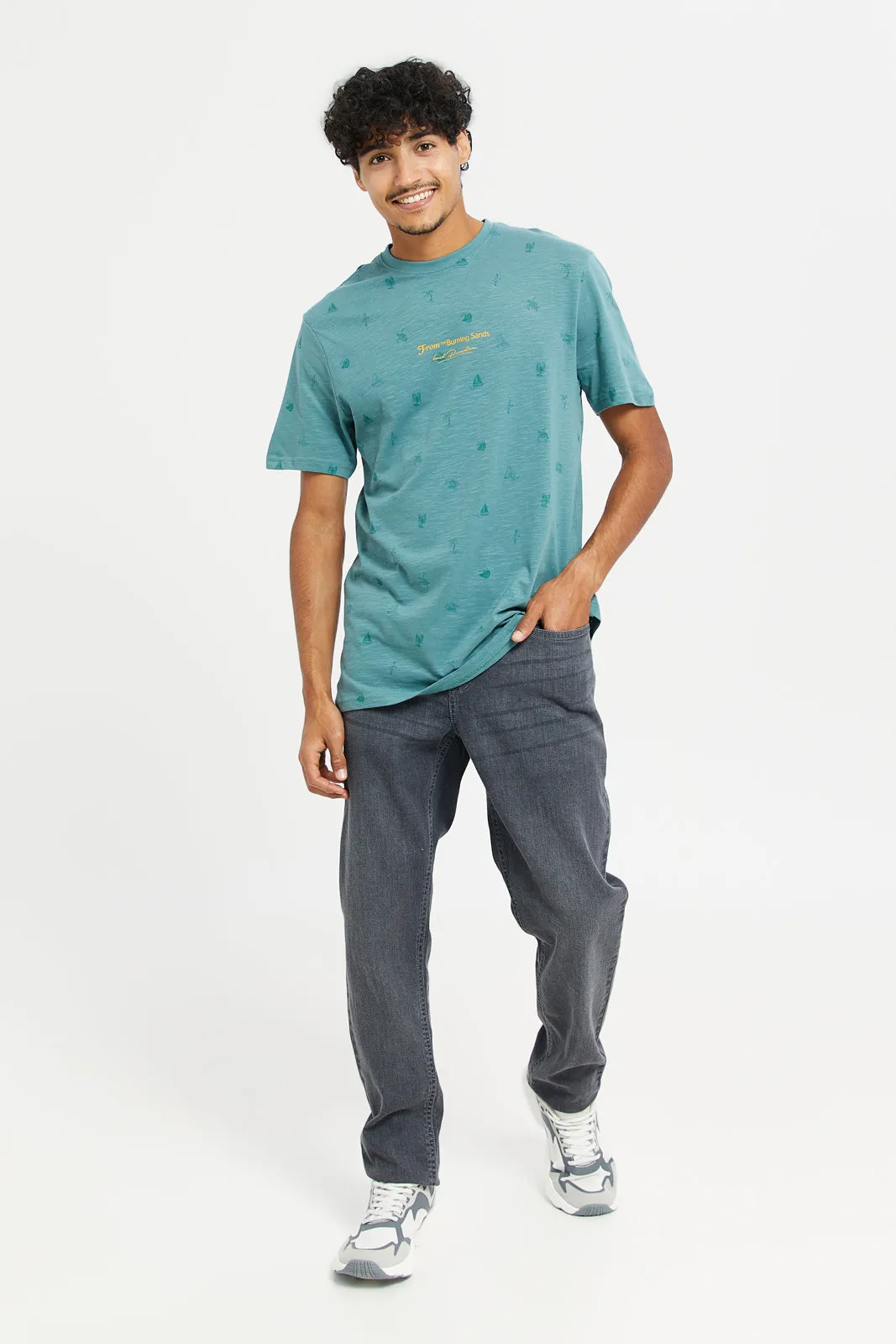 Men Green Printed Round Neck T-Shirt