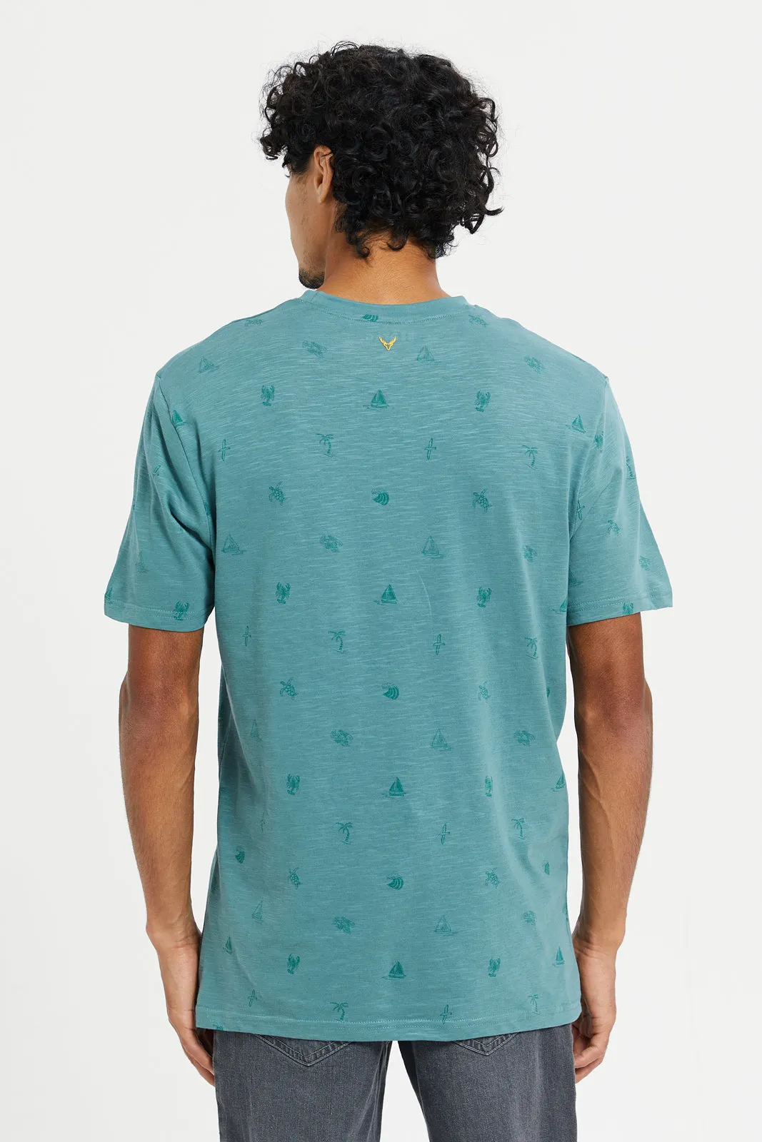 Men Green Printed Round Neck T-Shirt