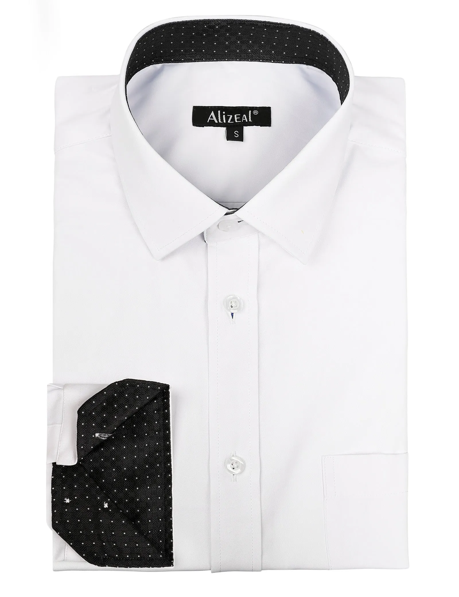 Men's Long Sleeve Dress Shirts Polka Dot Patchwork Button Down Formal Shirts, 116-White Black Dots