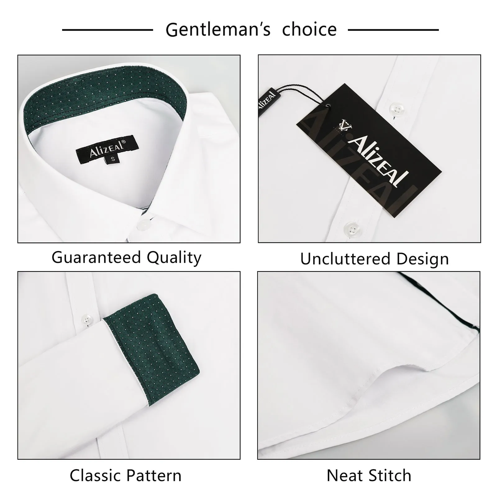 Men's Long Sleeve Dress Shirts Polka Dot Patchwork Button Down Formal Shirts, 116-White Dark Green Dots