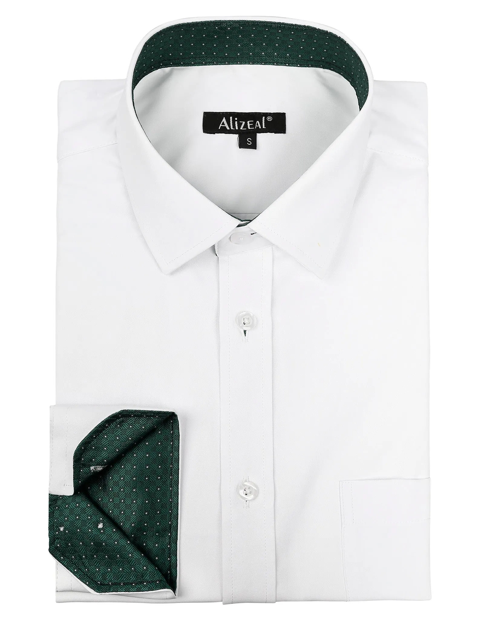 Men's Long Sleeve Dress Shirts Polka Dot Patchwork Button Down Formal Shirts, 116-White Dark Green Dots