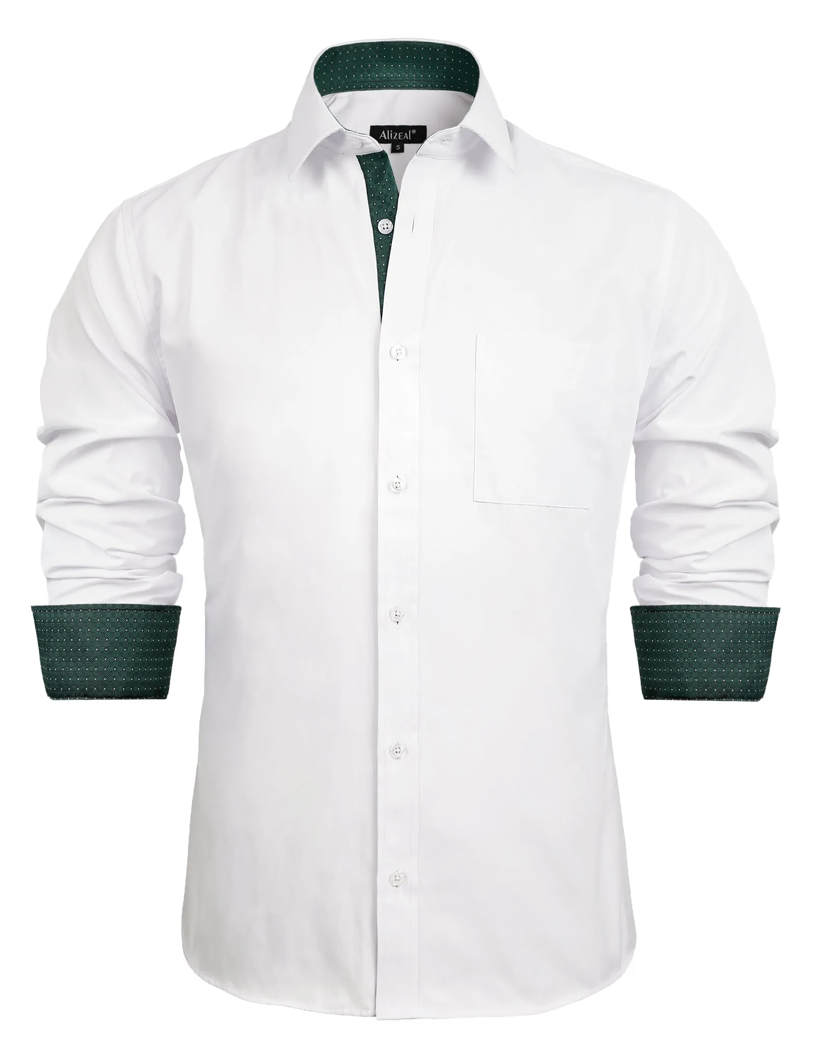 Men's Long Sleeve Dress Shirts Polka Dot Patchwork Button Down Formal Shirts, 116-White Dark Green Dots