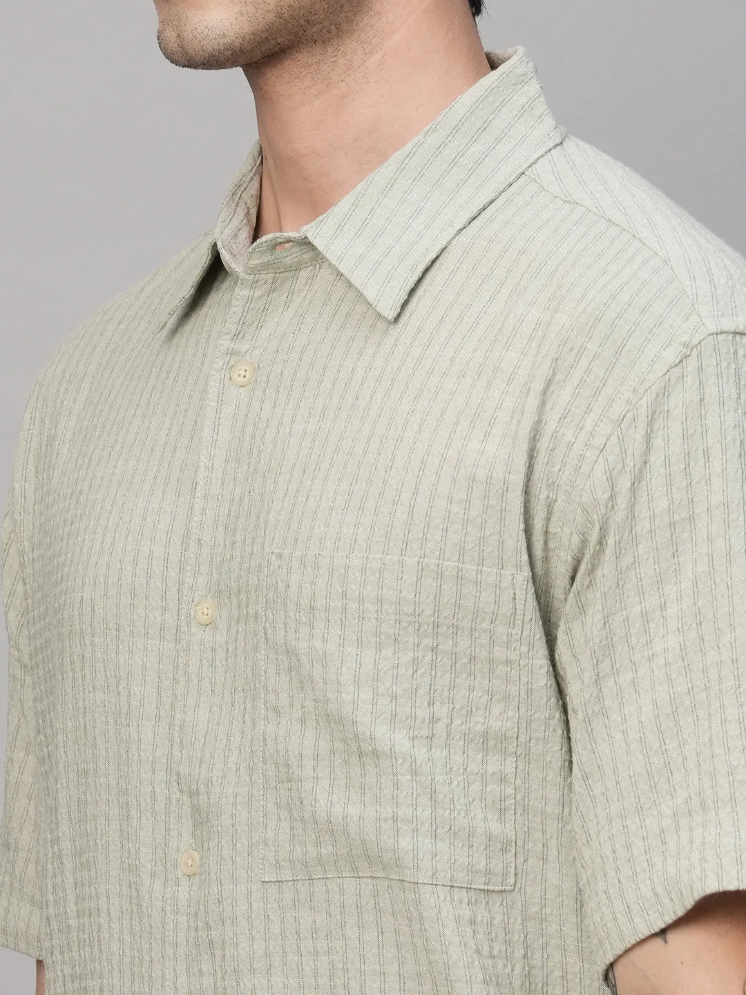 Men's Olive Cotton Viscose Regular Fit Striped Shirt