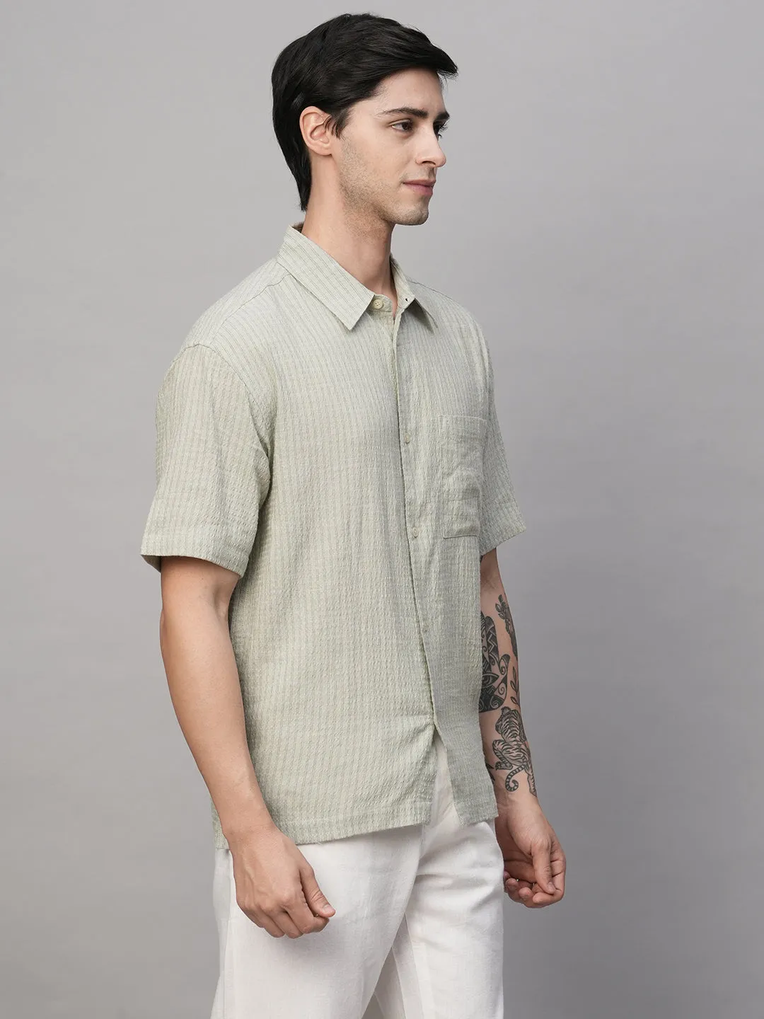 Men's Olive Cotton Viscose Regular Fit Striped Shirt