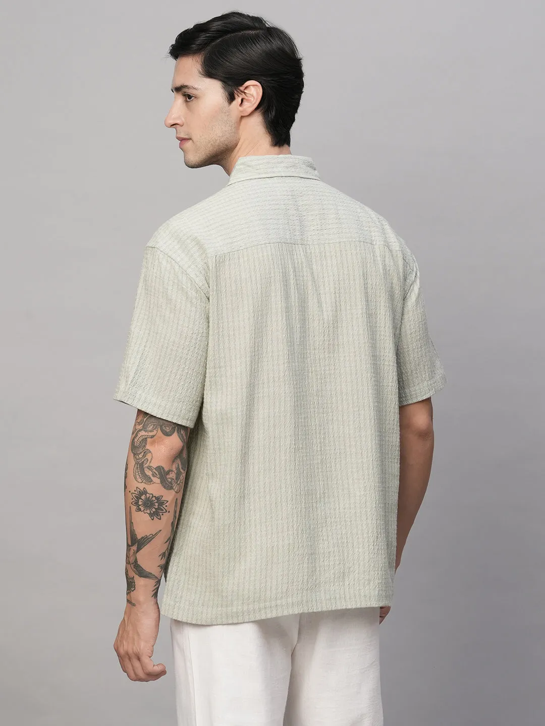 Men's Olive Cotton Viscose Regular Fit Striped Shirt
