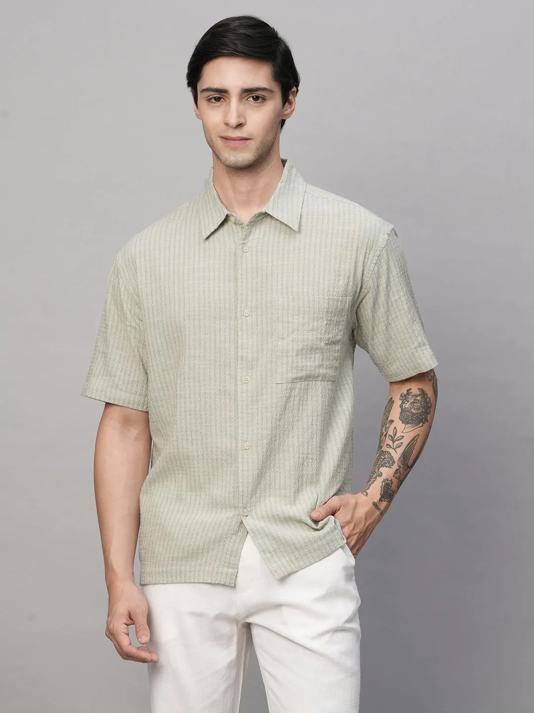 Men's Olive Cotton Viscose Regular Fit Striped Shirt