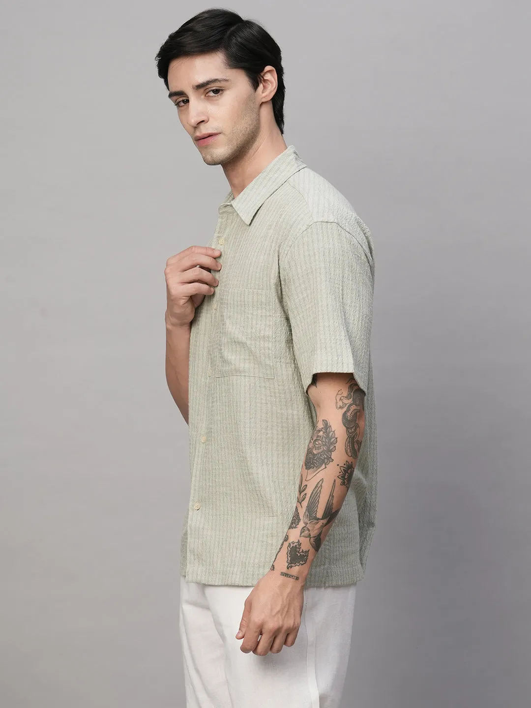 Men's Olive Cotton Viscose Regular Fit Striped Shirt