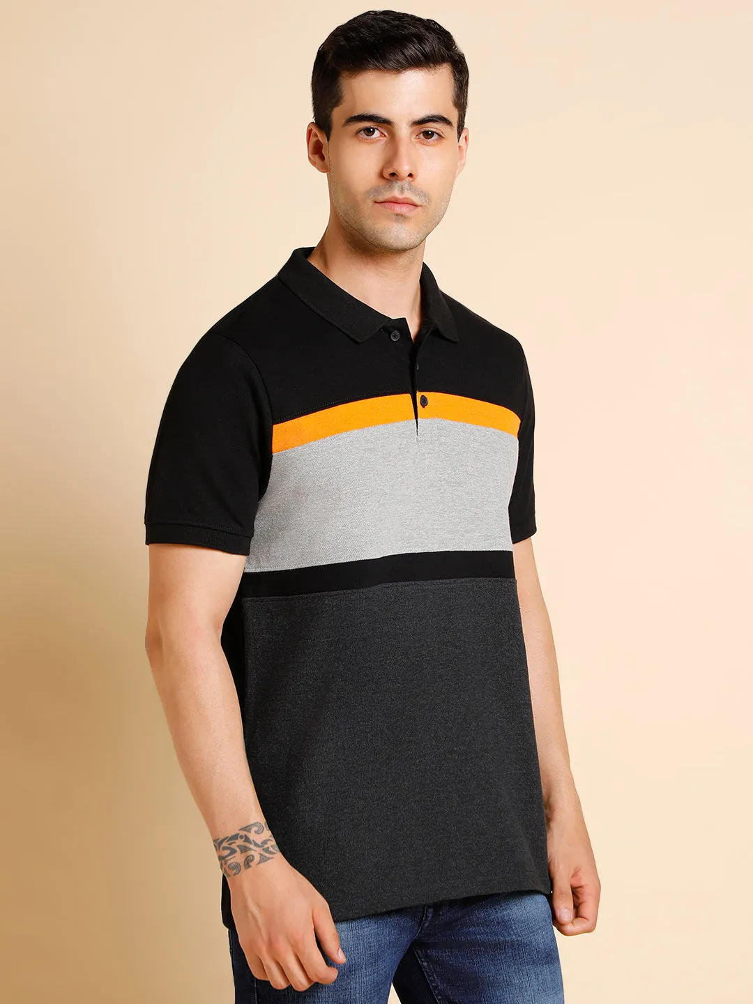 Men's Slim Fit  Colorblocked Black Polo T-Shirt
