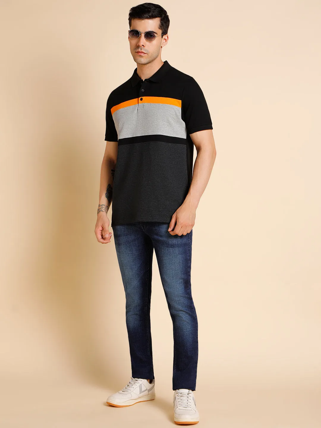Men's Slim Fit  Colorblocked Black Polo T-Shirt