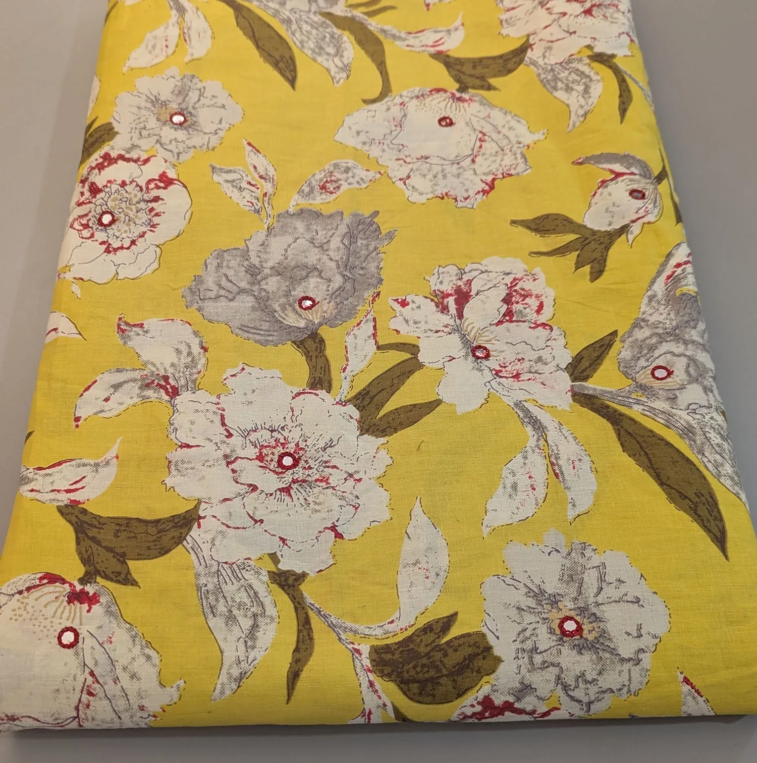 Multicolor Floral Thread Work Cotton Fabric