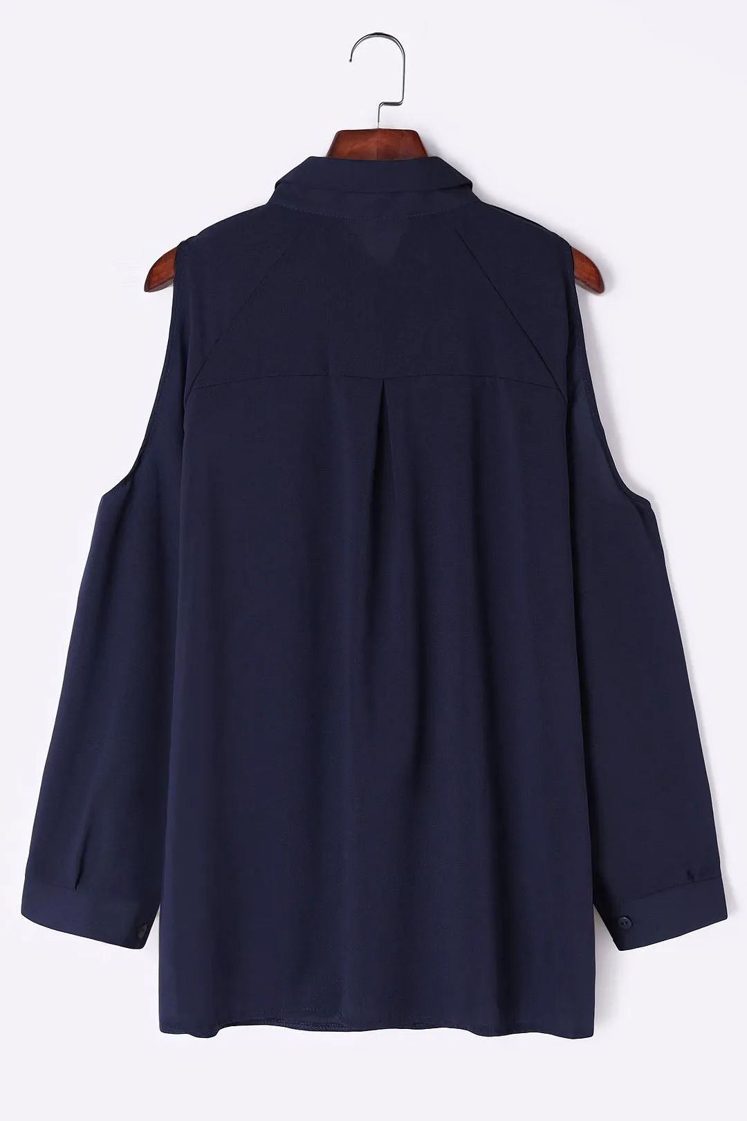 OEM ODM Cold Shoulder Plain Long Sleeve Irregular Hem Navy Blouses
