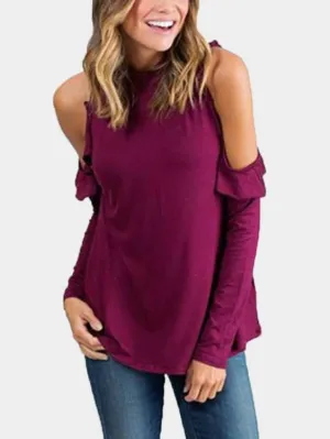 OEM ODM Round Neck Cold Shoulder Plain Long Sleeve Burgundy Top