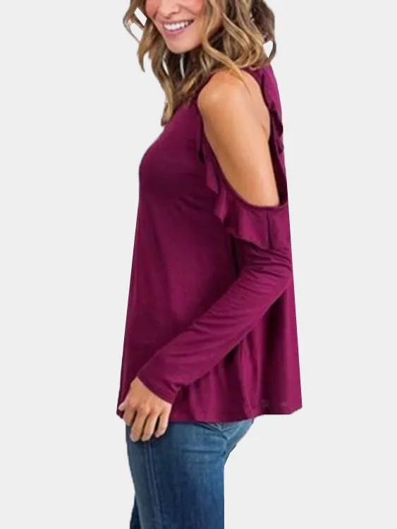 OEM ODM Round Neck Cold Shoulder Plain Long Sleeve Burgundy Top