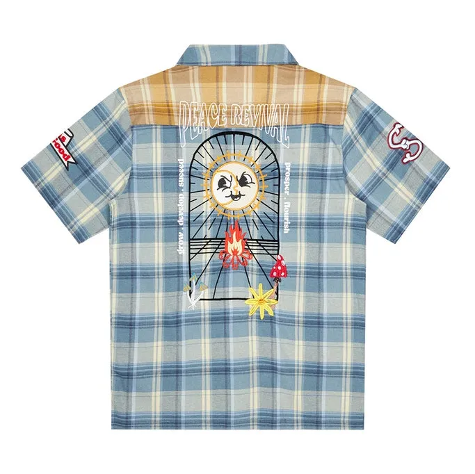 Plaid Color Block Graphic Shirt - Blue Plaid