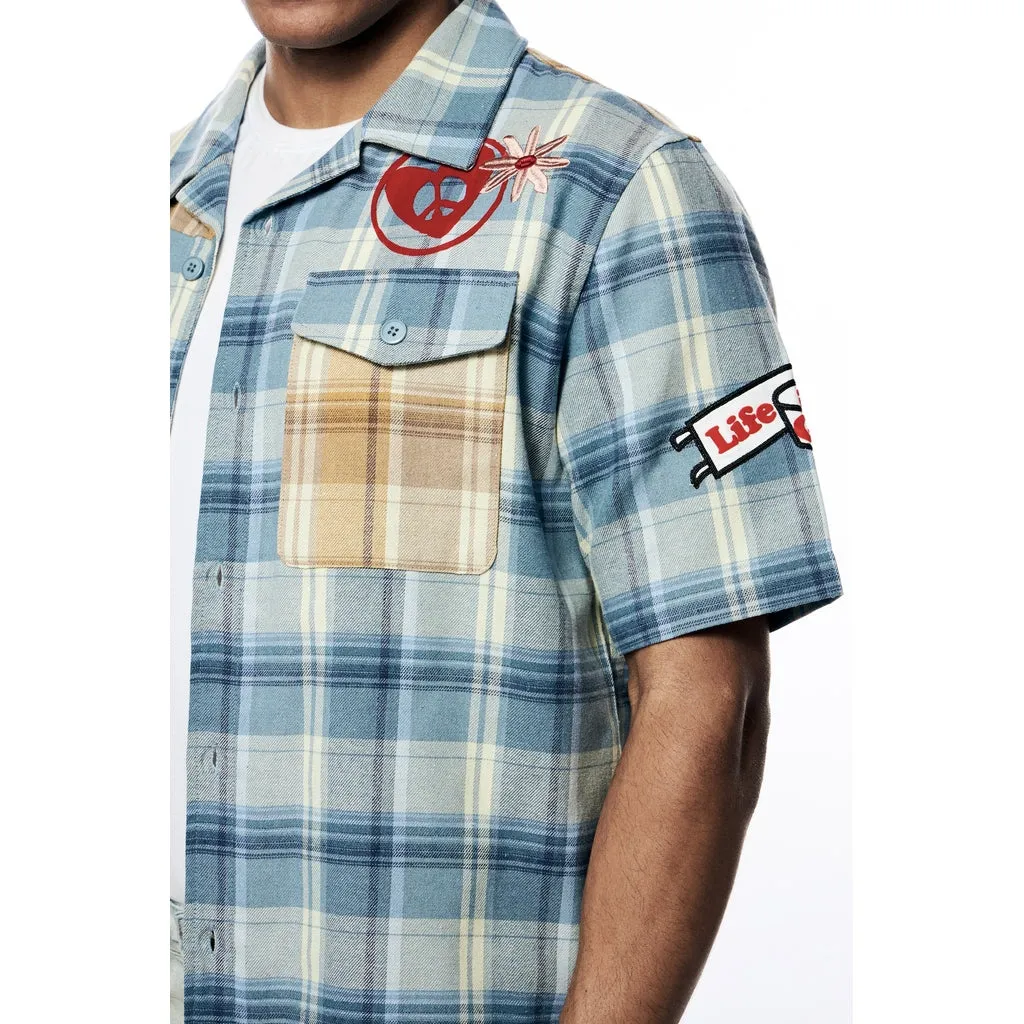 Plaid Color Block Graphic Shirt - Blue Plaid