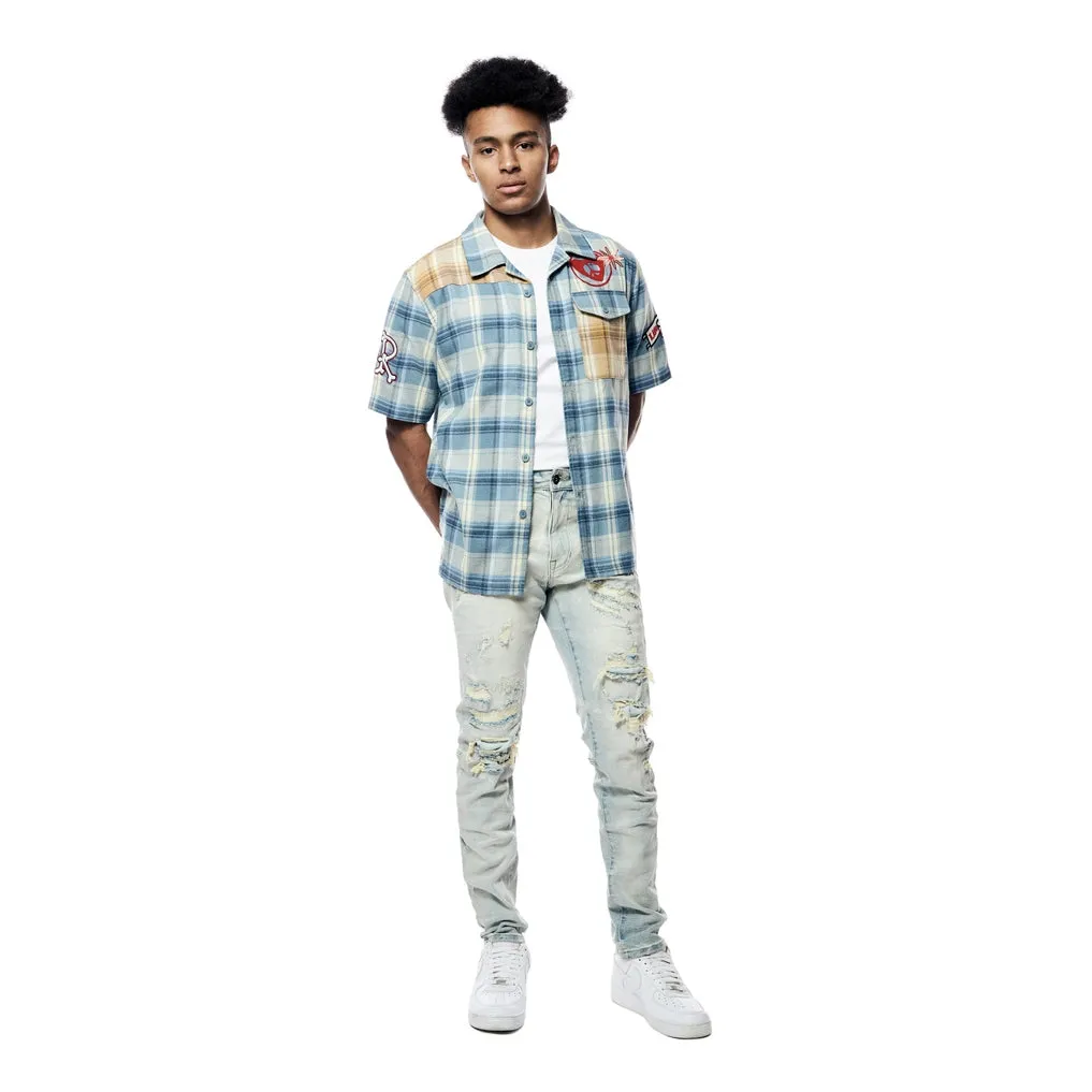 Plaid Color Block Graphic Shirt - Blue Plaid
