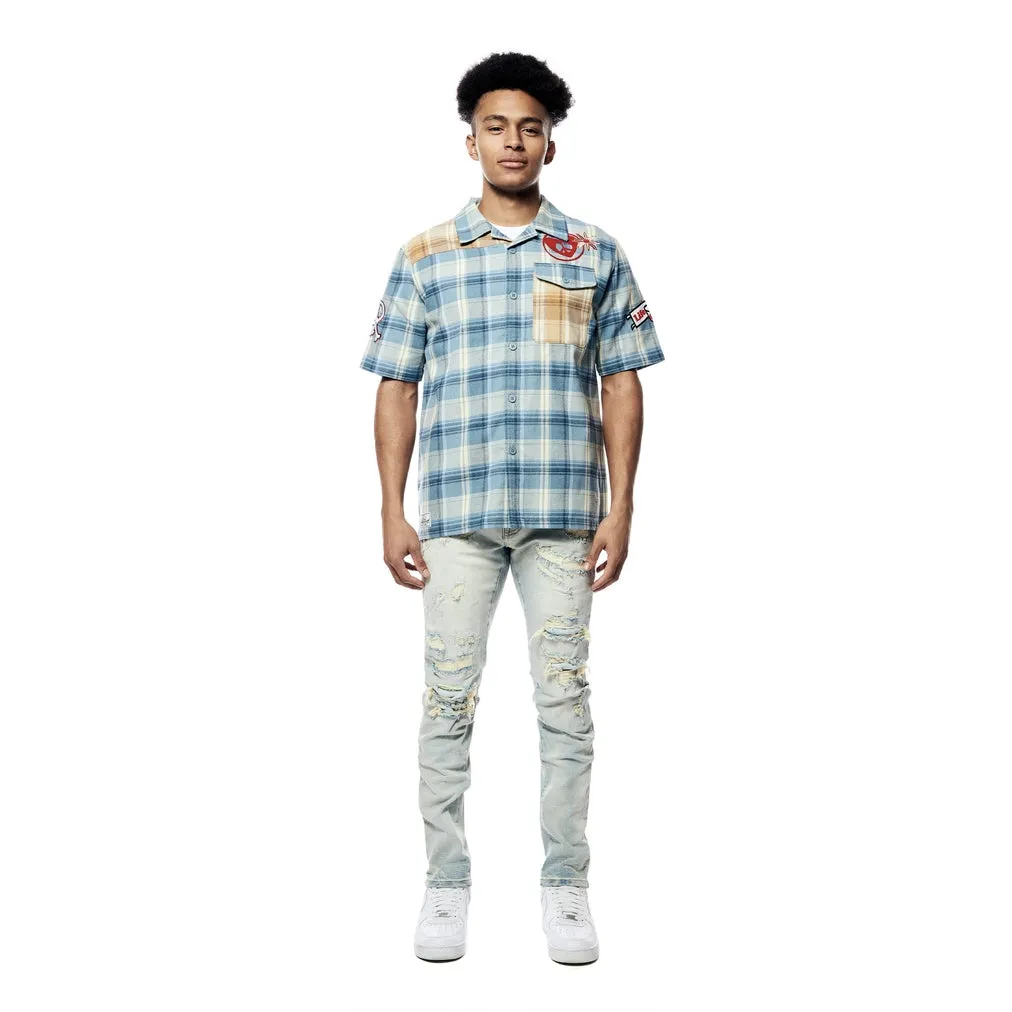 Plaid Color Block Graphic Shirt - Blue Plaid
